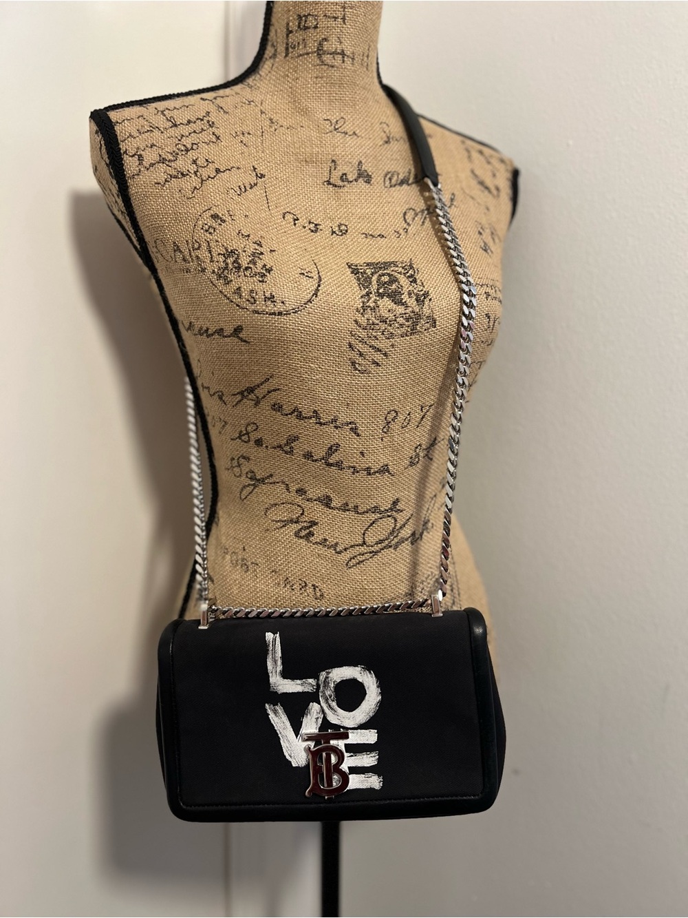Black Shoulder Bag with Silver Chain and White 'LOVE' Graphic
